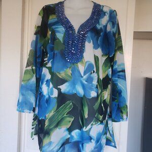 Premise Blue and Green flowered Top with Blue Jewels Size Small